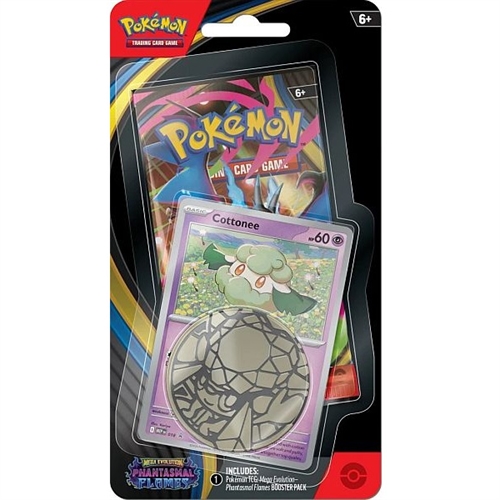 Pokémon TCG Phantasmal Flames Checklane Blister med foil Whimsicott promo‑kort, metal mønt og boosterpakke